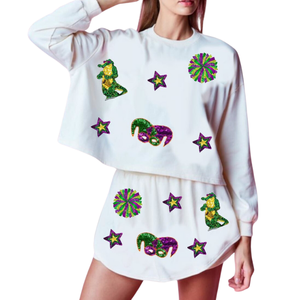 Nouveau designer tendance vente produit festif Mardi Gras 2 pièces sweat et jupe ensemble carnaval paillettes travail manuel pour les femmes - Product Image 5