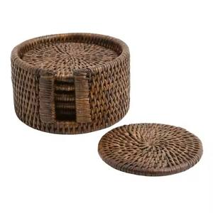 Handmade Natural Rattan <b>Coasters</b> <b>Set</b> of 6 with Holder Reusable Round Woven <b>Placemats</b> <b>and</b> Mats & Pads - Product Image 2