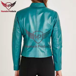 Womens Real Teal Leather Biker Jacket Stand Collar <b>Quilted</b> Sleeve Sheepskin Coat Zip Pockets Slim Fit Custom Outwear New Look - Product Image 6