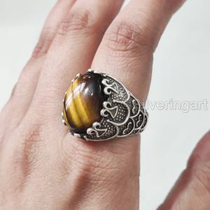 Grossiste Bague Mans Oeil de Tigre Naturel Pierre Précieuse Bague de Naissance de Juin Toutes Tailles Bijoux de Noël Lourds Bague en Argent Sterling 925 - Product Image 3