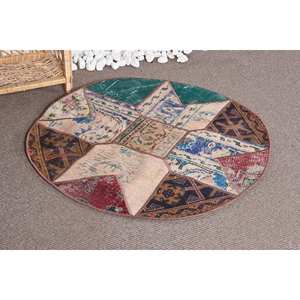 Rustic Beige Wool Rug 3.3' X 3.3' <b>Turkish</b> Vintage Style Patchwork Jute <b>Carpet</b> for Living Room Classic Latex Backing for Hallway - Product Image 2