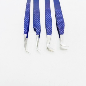 Blue Powder Coated Sustainable Steel Custom logo Polished Tip & Strong Grip Tweezers 45 Degree & Boot Volume Eyelash Tweezers - Product Image 1