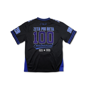 Zeta Phi Beta Centennial Football Jersey Noir 100% Polyester Brodé Bouclier Avant Dos Manches Col V Ourlet Rayé - Product Image 4