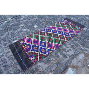 Alfombra turca de 2.5x7 pies, alfombra vintage, alfombra Kilim con diseño de plantas y árboles azules - Product Image 2