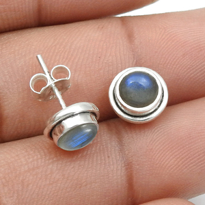 Dainty Gift for Her 925 <b>Sterling</b> <b>Silver</b> Natural Labradorite Gemstone Round Shape <b>Stud</b> Earrings Bohemian Handmade Jewelry India - Product Image 3