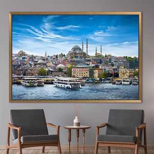 Toile imprimée élégante : Paysage marin d'Istanbul et mosquée Suleymaniye, 1P : encadré or - Product Image 1