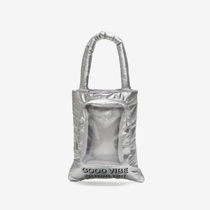Fashion Waterproof Nylon Metallic Silver Cosmetic Tote <b>Bag</b> with Rope Handle Open Top <b>Clear</b> Window Panel Customizable Color Logo - Product Image 1