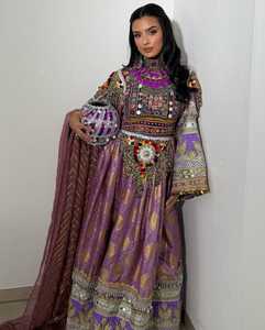 New Custom Long Sleeves Full Embroidered Long Frock Pure Silk <b>Fabric</b> Banjara Dance Afghani Dress - Product Image 4