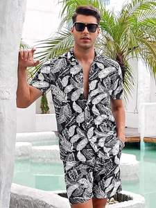 Ensemble chemise hawaïenne pour homme en coton et rayonne, manches courtes, deux pièces, pour les vacances d'été, vente en gros, pas cher, personnalisable - Product Image 2