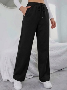Pantalones Deportivos de Forro Polar para Mujer, Cintura Alta, Corte Holgado, Cintura Elástica con Cordón, Estilo Casual, 100% Algodón - Product Image 1