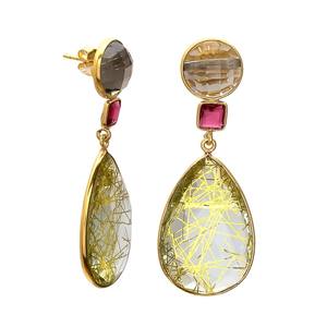 Pendiente de Plata de Ley 925 chapado en oro de 18 quilates, pendiente de rutilo amarillo ahumado y turmalina para mujeres y niñas - Product Image 5