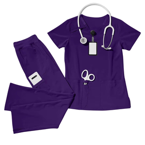 2025 tela elástica recién mejorada Spandex rayón poliéster manga corta cuello en V mujeres Scrub Set uniforme quirúrgico de Hospital - Product Image 3