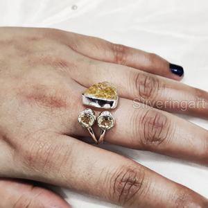 Joyería de piedra en bruto, anillo para mujer, piedra preciosa de citrino en bruto Natural, piedra natal de noviembre, joyería de piedra Triple, anillo de Plata de Ley 925 - Product Image 3