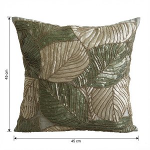 Coussin carré moderne en tissu tricoté style bohème avec broderie feuille d'émeraude, lavable pour canapé et maison - Product Image 2