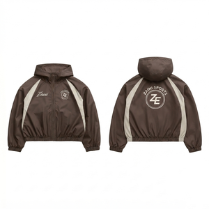 <b>Mens</b> 110 GSM Polyester Windbreaker Hooded <b>Jacket</b> Brown <b>White</b> Contrast Panel Screen Print Custom Logo OEM ODM - Product Image 1