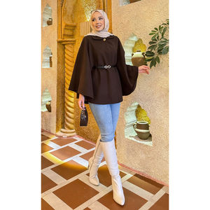 Detachable Belted Button Detail <b>Brown</b> Cashmere Poncho for Muslims Hijab Compatible - Product Image 4