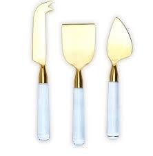 Juego de utensilios contemporáneos para servir queso de acero inoxidable con mango de hoja de latón - Product Image 4