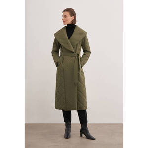 Manteau parka long matelassé kaki pour femme avec ceinture, style formel à double boutonnage, taille XL - Product Image 3