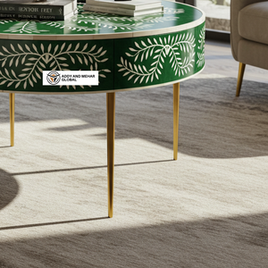 Mesa de Centro Redonda de Madera con Incrustaciones de Hueso Verde Moderno de Lujo con Patrón Floral y Base de Metal Dorado - Product Image 4
