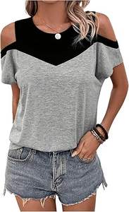 Camiseta de hombro frío para mujer Bloque de color Camisetas de manga corta con cuello redondo Tops de verano - Product Image 5