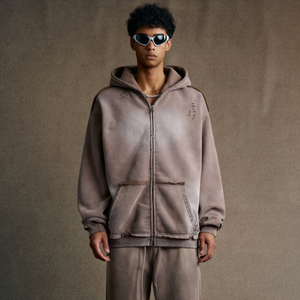 Custom Applique Embroidery Distressed <b>Hoodie</b> Rhinestone <b>Zip</b> up Jacket Acid Wash Vintage Washed <b>Men</b> Fleece Streetwear <b>Hoodie</b> - Product Image 5