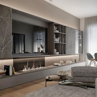 Mueble de TV Moderno, Soporte de TV Flotante de Madera con Patrón de Mármol y Melamina, con Chimenea y Luz LED para Sala de Estar