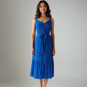 Vestido Midi de Algodón 100% con Estampado de Puntos, Corte Ajustado, Cintura Fruncida, Transpirable, Escote Corazón, Sin Mangas, con Aberturas Laterales, de la Mejor Calidad - Product Image 1