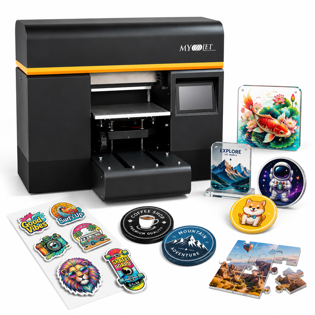 MYJET Automatic New Compact A3 8-Color UV Ink Flatbed Printer with 1 Year Warranty for Crystal Labels Cups Cards Rigid Materials