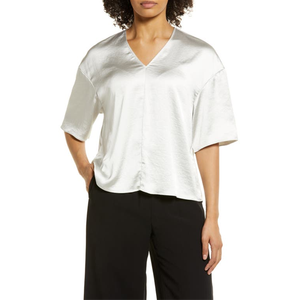 Nordstrom Simple Fashion Satin V-<b>Neck</b> Top in Ivory <b>Cloud</b> Size Small - Product Image 1