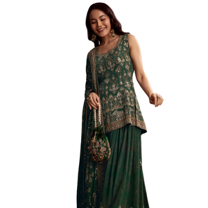 Costume Palazzo en Crêpe Vert Imprimé avec Travail Gota Vente en Gros Vêtements Ethniques pour Femmes Usine OEM Fournisseur en Gros Vêtements Personnalisés - Product Image 4