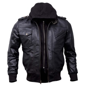 Chaqueta de Cuero Bomber Negra con Capucha Desmontable para Hombre, Chaquetas de Cuero Marrón Encerado de Piel de Cordero Auténtica para Hombre - Product Image 2