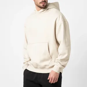 Men's Cream Hooded Sweatshirt Oversized Fit Cotton Fleece Casual Solid Color Pocket Design Autumn Wear - Product Image 6