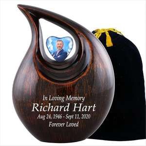 Urna de cremación en forma de lágrima funeraria decorativa para cenizas conmemorativas de adultos con lavado dorado Diseño de foto personalizado de la India - Product Image 2