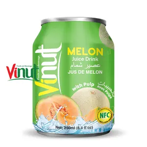Kualitas Premium 250ml kaleng Vinut Melon minuman jus dengan bubur kayu baik untuk kesehatan penjualan terbaik label pribadi OEM BRC HALAL