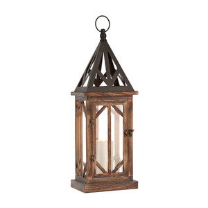 Lanterne d'intérieur moderne de Noël en bois brun de qualité avec dessus en fer argenté pour bougeoir décoratif pour la maison - Product Image 3