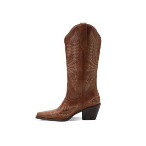 Botas vaqueras occidentales de media pantorrilla para mujer, estilo Retro de cuero genuino, Calzado cómodo de punta estrecha a la moda - Product Image 5