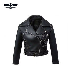 Blouson de moto court ajusté pour femme, respirant, tendance, en peau de mouton, vêtement d'extérieur personnalisé, col montant, fermeture éclair avant, uni - Product Image 1