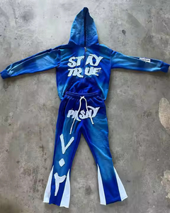 ชุดวอร์มผู้ชายทรงสลิมฟิตแบบดิสเทรสพร้อมลายปัก ชุดสเวตสูทปักลายดิสเทรส กางเกงจ็อกเกอร์ทรงบาน ชุดฮู้ดดี้สองชิ้น - Product Image 1