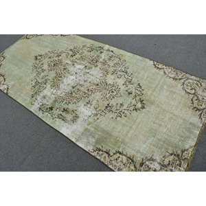 Alfombra de lana turca verde y beige Vintage de 4x8,2 pies, diseño de retales de tejido plano para decoraciones de sala de estar, respaldo de látex - Product Image 4