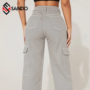 ขายส่งกางเกงคาร์โก้เอวสูงสตรีผ้าฝ้าย 100% สไตล์ลําลองสไตล์สตรีพร้อมกระเป๋าลายทึบเสื้อผ้าสุภาพสตรี - Product Image 5