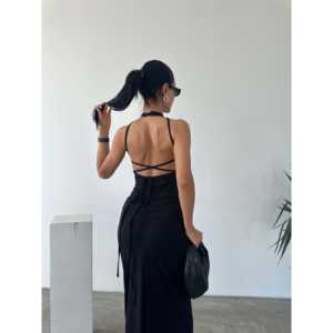 Vestido Halter Color Arenisca con Detalle de Cordones en la Espalda y Características Transpirables, con Cintura Natural - Product Image 4