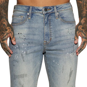 Mens Light Blue Washed Distressed Jeans <b>Paint</b> Splatter Detail Casual Straight Fit Mid Breathable Front Streetwear Fashion - Product Image 3