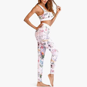 Conjunto de yoga floral, leggings de cintura alta con estampado de sublimación personalizado y Sujetador deportivo a juego, conjuntos de ropa de playa para mujer de algodón 100% - Product Image 1