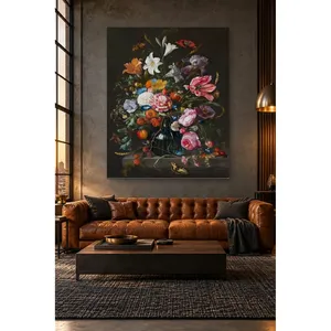 Bouquet de fleurs baroque Fida avec papillons sur fond foncé, impression sur toile - Product Image 2