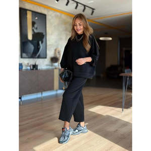 Women'<b>s</b> Long-Sleeve Crew Neck Viscose Two-Thread <b>Blouse</b> <b>and</b> Pants Two-Piece Set, 30941 - Black - Product Image 5
