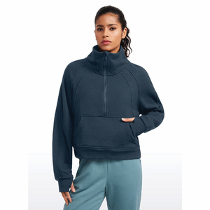 Sweat surdimensionné demi-zip avec logo personnalisé pour femmes vêtements de sport en polaire de coton recyclé pour Fitness à capuche lavé grande taille printemps - Product Image 6