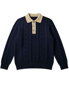 Pull Polo Homme Personnalisé en Maille Câblée à Manches Longues, Col Boutonné Contrastant, Pull d'Hiver en Bleu Marine - Product Image 1