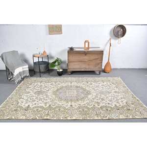 Classic Beige Green Vintage Turkish <b>Rug</b> 5.4 X 8.9 ft <b>Large</b> Area Patchwork Wool with Latex Backing for Hallway or <b>Bedroom</b> - Product Image 1