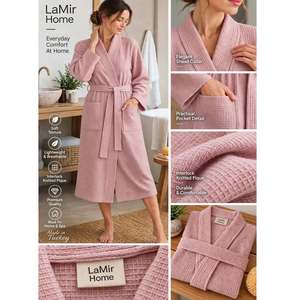 Bata de Baño Unisex de Algodón 100% con Tejido Interlock Piqué y Waffle, para Hotel y Spa, con Logotipo Personalizado, Proveedor OEM Turquía - Color Rosa Claro - Product Image 6