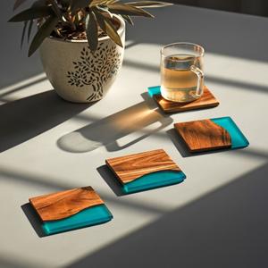 Resin and Wood Fusion Stone Coaster <b>Set</b>, <b>Artistic</b> Handmade Drink Mats for Coffee Table, Dining Setup, and Home Decor - Product Image 2